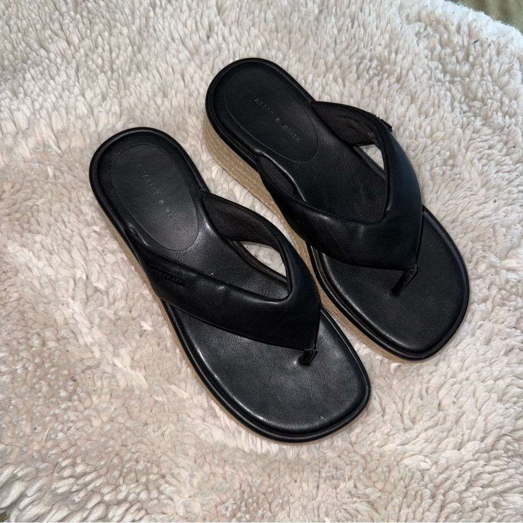 Charles & Keith Black Leather Thong Sandals